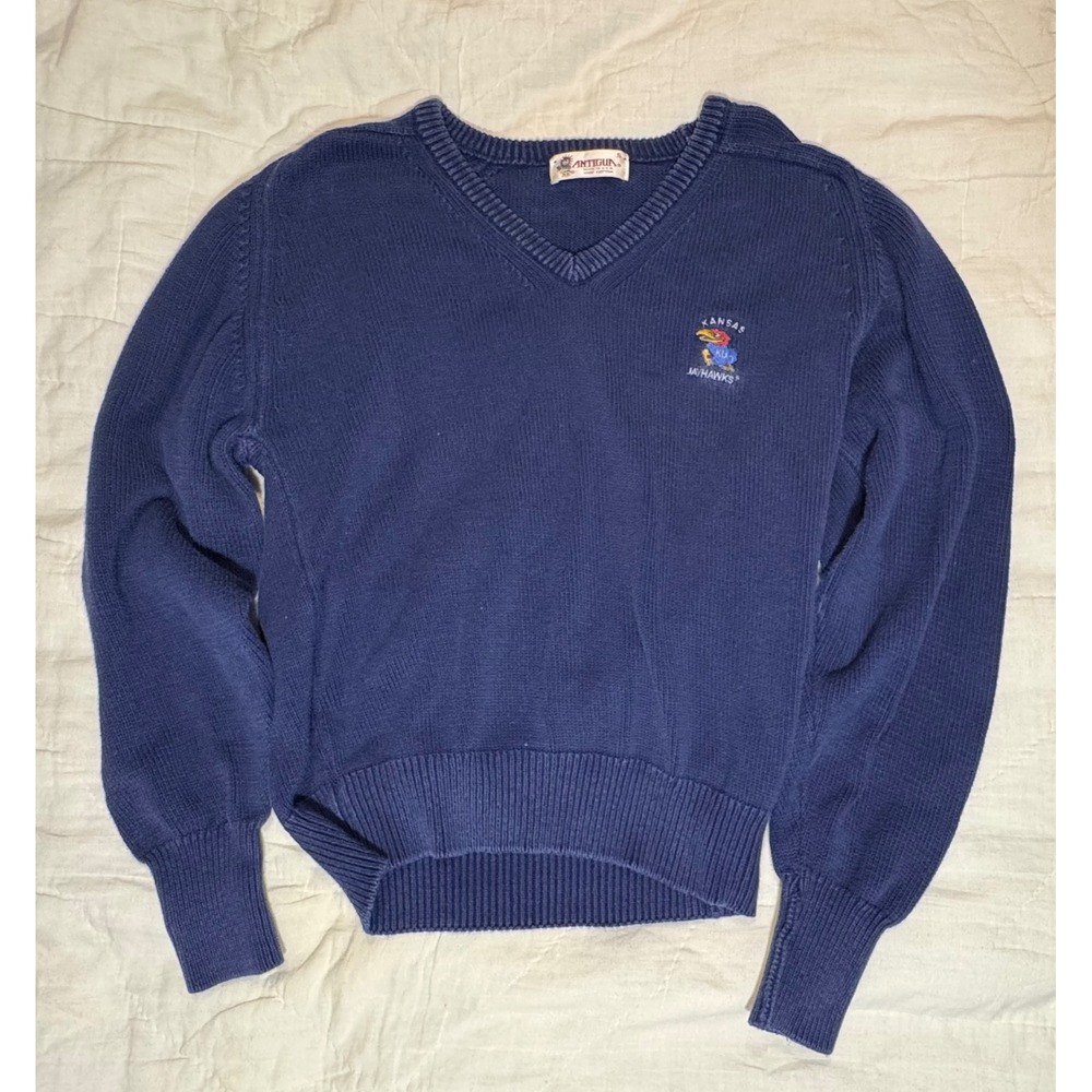 Vintage Antigua Kansas‎ Jayhawks V-Neck Sweater Blue Cotton Made in USA Mens S - Picture 4 of 7